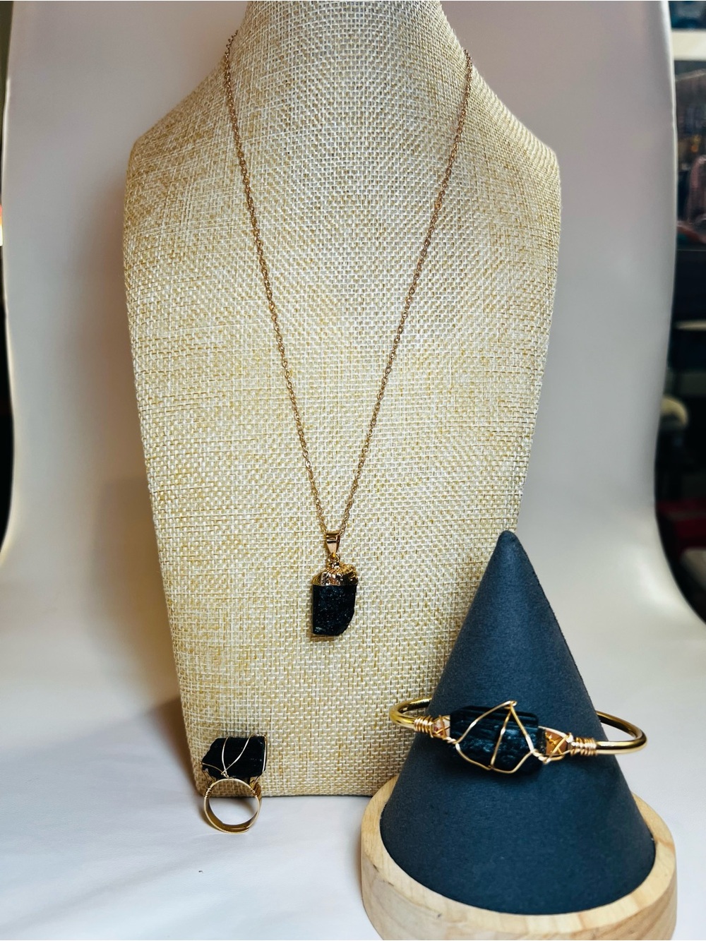 Raw black tourmaline gold wire- wrapped jewelry set